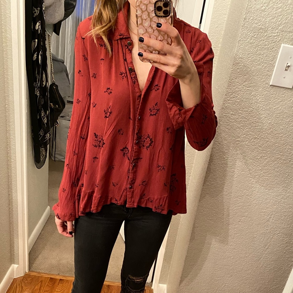 Free People Burgundy Blouse with black flowers